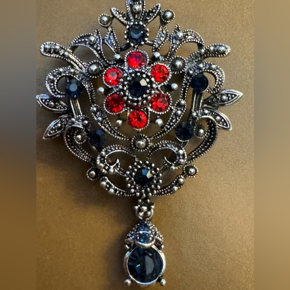 Red Flower Brooch, Lapel Pin or Pendant with Blue Rhinestones for Jacket, Blazer - Picture 6 of 8